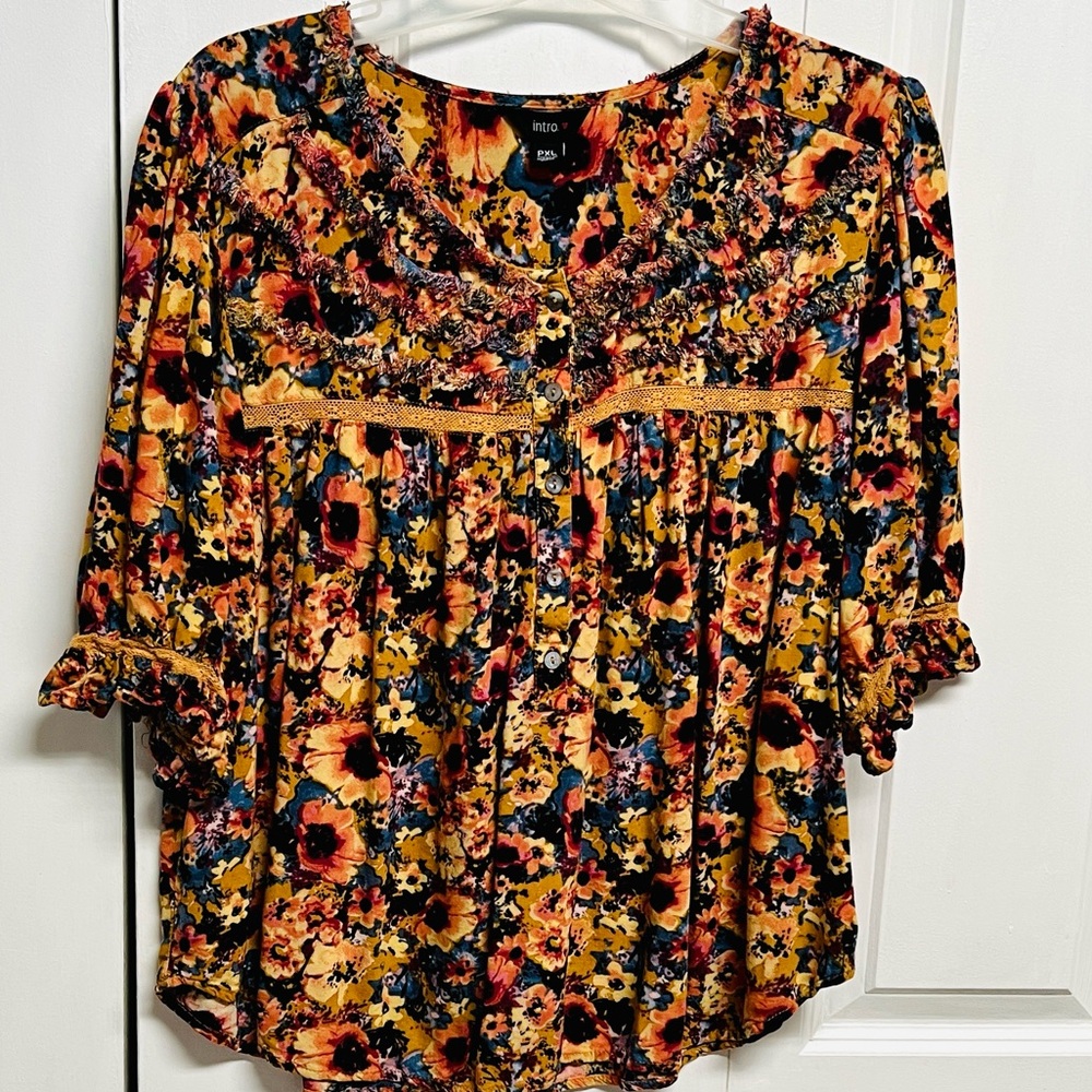 intro. Mustard Multi Floral Ruffle Yoke Blouse Petite Size PXL